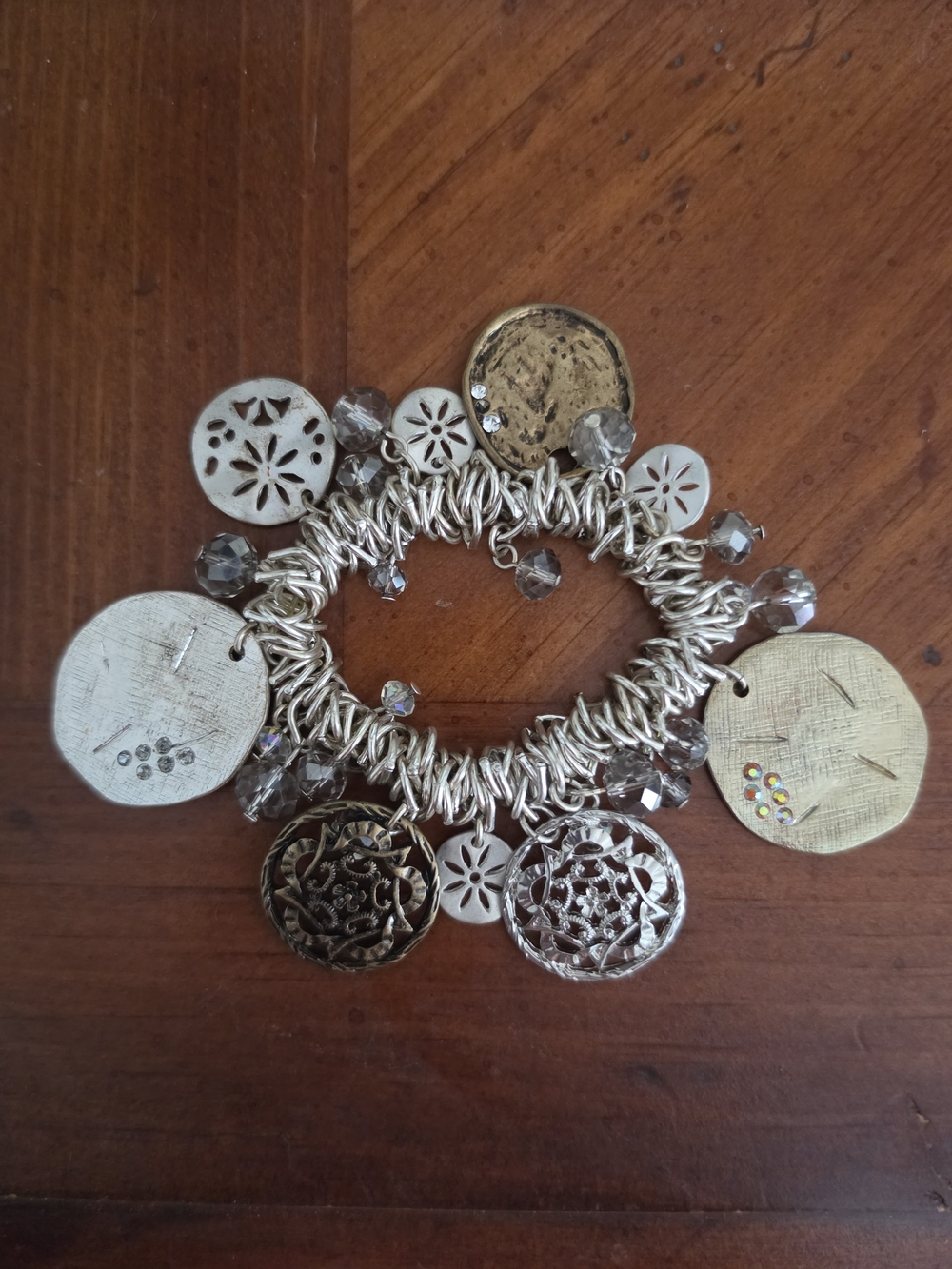Boho Mixed Metal Chunky Charm Stretch Bracelet Silver Gold Medallion Crystal